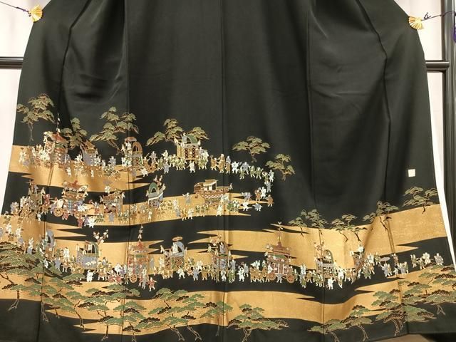 平和屋着物●豪華黒留袖　駒刺繍　浜松風景文　正絹　逸品　CAAW7202yc 平和屋着物○豪華黒留袖 駒刺繍 浜松風景文 正絹 逸品 CAAW7202yc