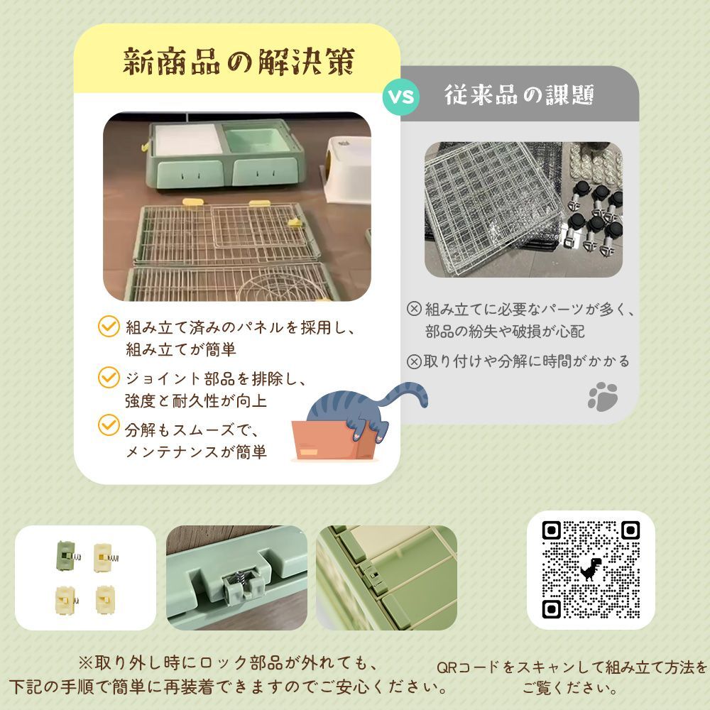 段引き出しトレー清掃便利猫ケージ｜多頭飼い向け｜組立簡単｜猫ドア付き｜キャスター付移動タイプ｜大型ペットケージ｜N508P185100A
