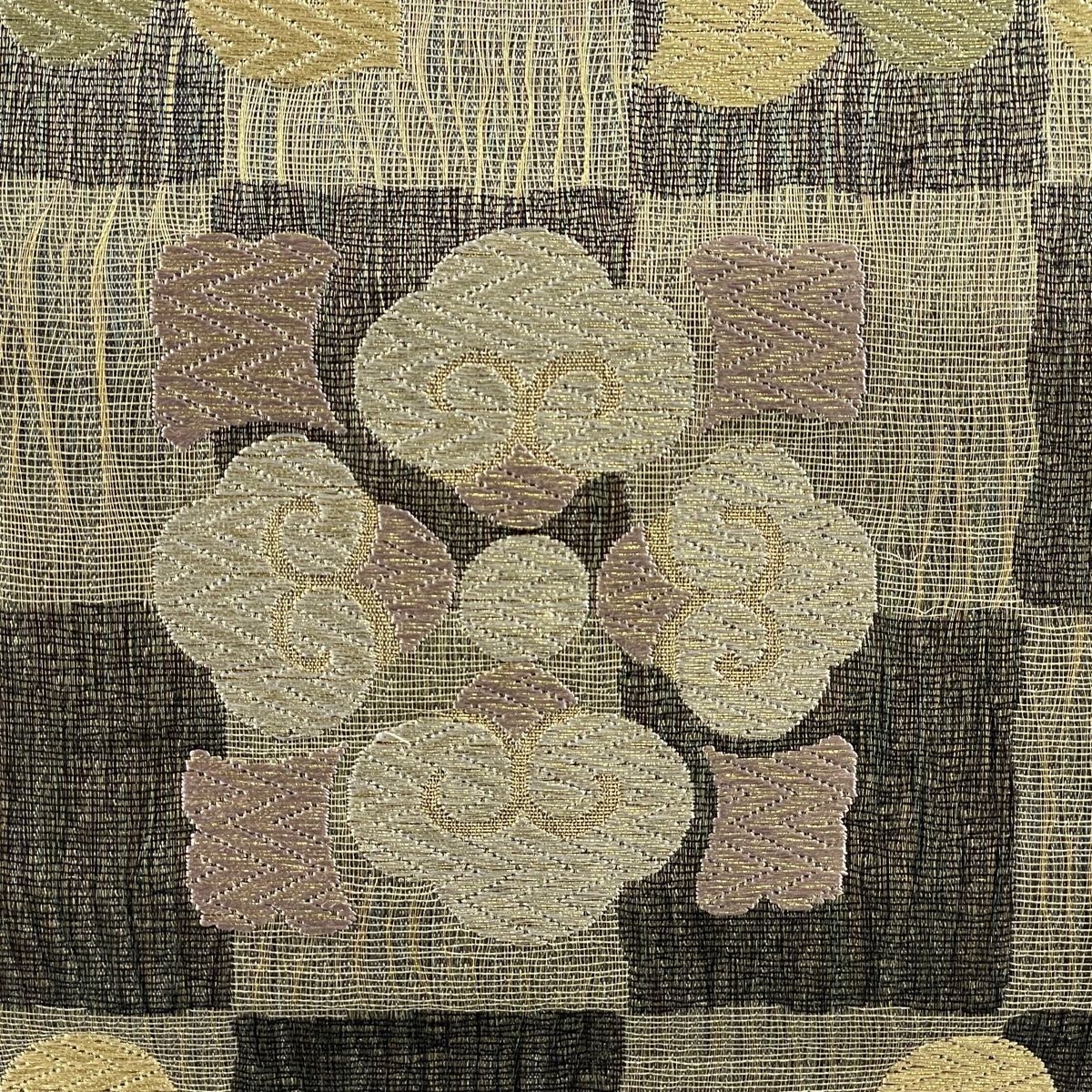 正絹 夏帯　六通袋帯 【花々 麻の葉】 No.1760 袋帯 美品 名品 花唐草 縞 金銀糸 金彩 茶緑色 六通 正絹 中古