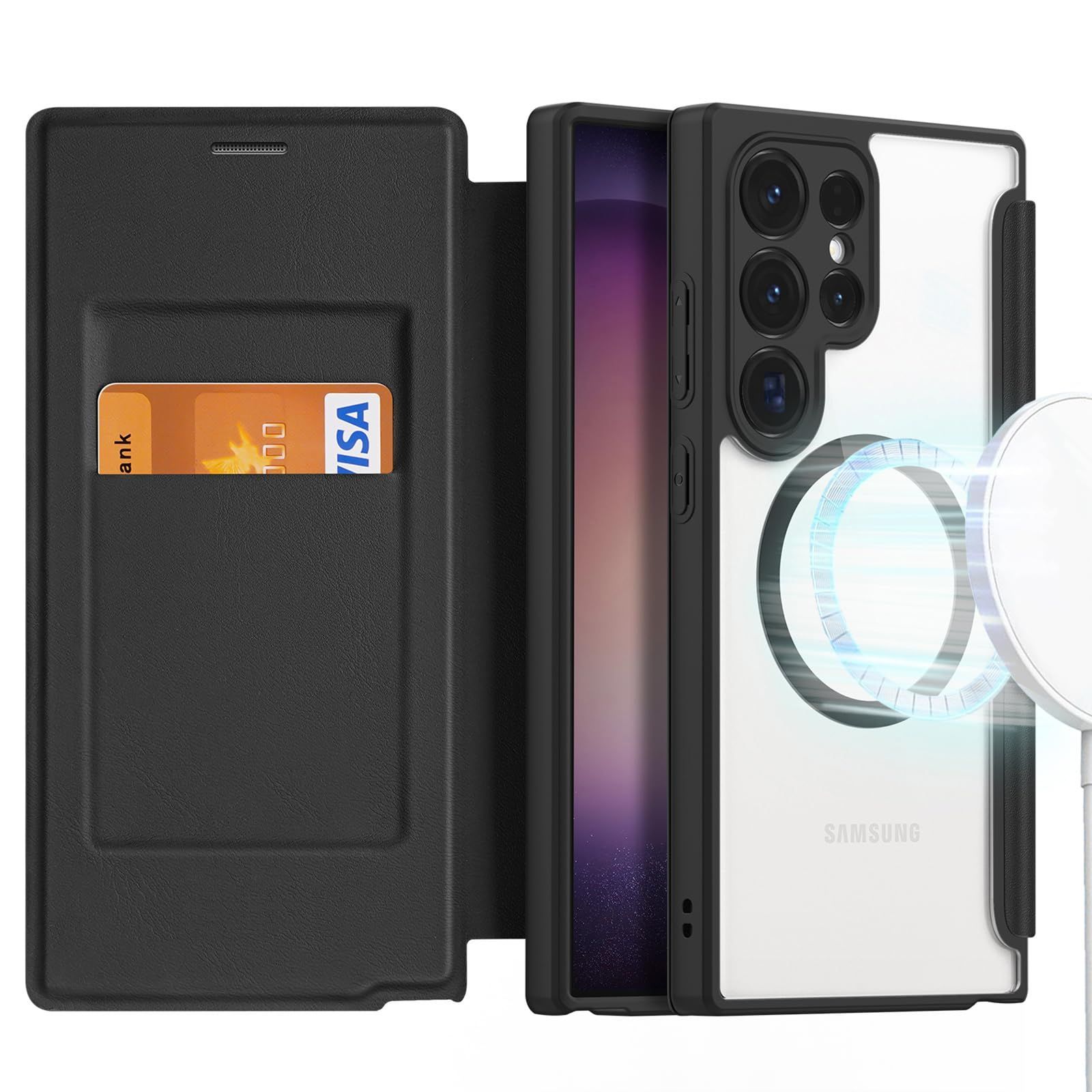 【在庫処分】耐衝撃 全面保護 高級PUレザー カード入れ Samsung ワイヤレス充電対応 Galaxy Galaxy S24 S24 手帳 Ultra マグセーフ 5Gケース 背面クリア ギャラクシー カード収納 S24 MagSafe対応 手帳型 Ult