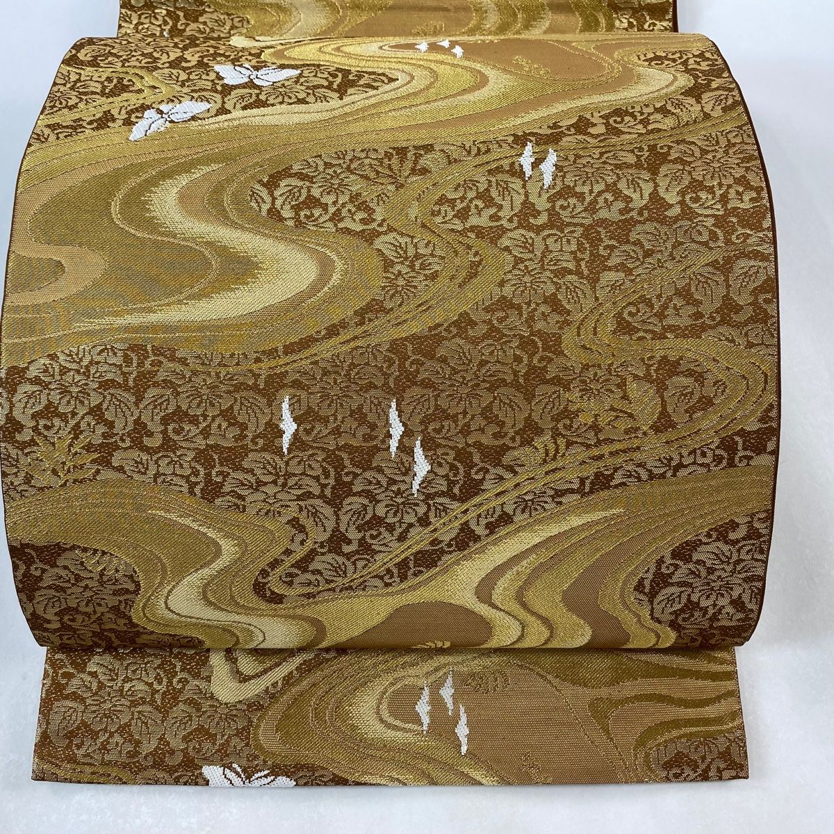 袋帯 美品 名品 川島織物 落款 流水 蝶 金糸 箔 茶色 六通 正絹