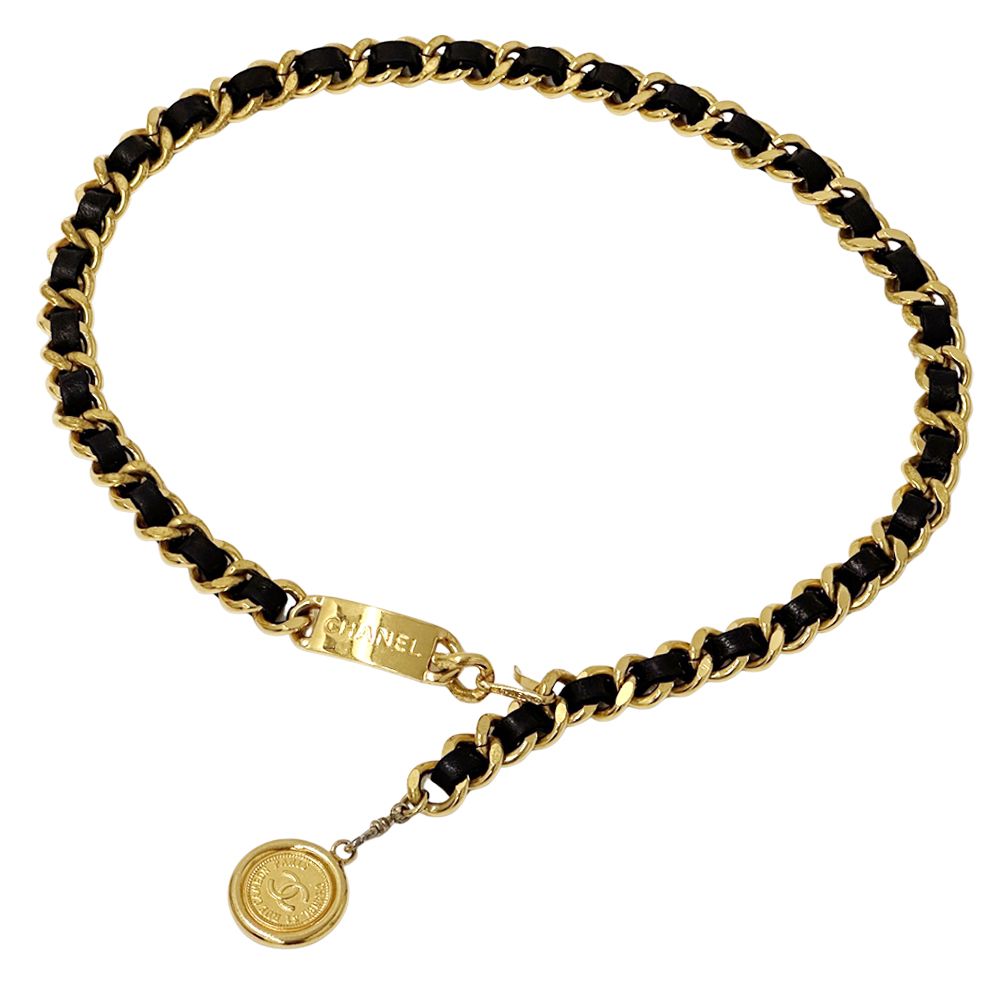 シャネル CHANEL ベルト レディース ブランド カンボン GP レザー チェーンベルト ゴールド ブラック ロゴ プレート ココマーク 太チェーン