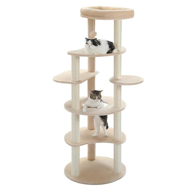 PETEPELA ぺテぺラ キャットタワー スリム 大型猫用 猫タワー 多頭飼い おしゃれ かわいい インテリア 据置 麻紐 爪とぎ おもちゃ コンパクト 省スペース 人気 運動不足解消 倒れ防止策 - 高さ154cm ベージュ 0