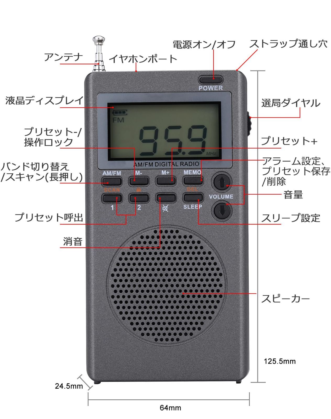 ステレオ対応 ワイドFM対応/FM/AM 58局メモリー 小型 時計とタイマーとアラーム機能付き 防災 電池式 アウトドア ポータブルラジオ  旅行に最適 日本語説明書付属 HanRongDa HRD-903 - メルカリ