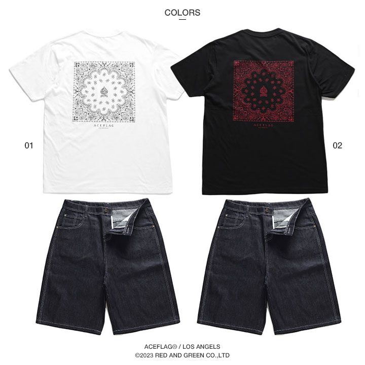 ACE FLAG 上下セット 半袖 Tシャツ デニム ハーフパンツ メンズ 白/黒