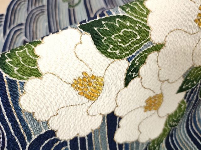 平和屋本店□極上 浦野理一 金彩友禅 九寸名古屋帯 藍 立波 