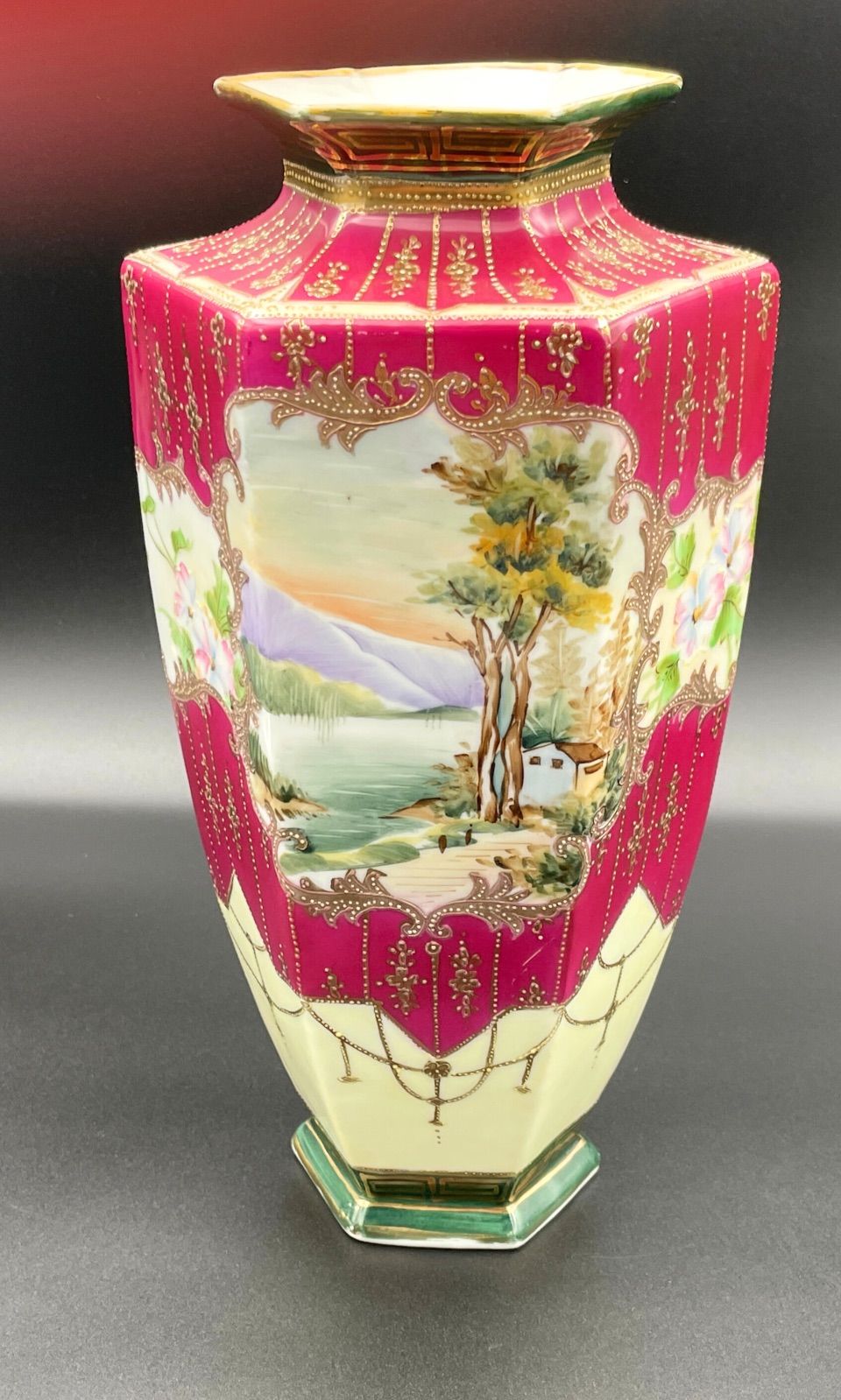 希少 オールドノリタケ花瓶 マルキ印 ブルー 希少】夕焼け映える湖畔