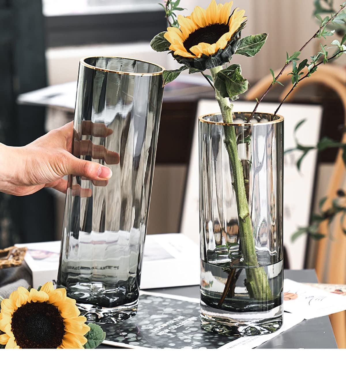 ガラス 透明 花瓶 シリンダー 円柱 グレー 花器 ガラスベース 25cm ガラスボトル アレンジ フラワーベース インテリア 水栽培 生け花 造花  おしゃれ シンプル インテリア - メルカリ