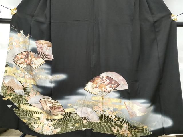 正絹  立波  御所車  枝垂れ花文  暈し染め  金銀彩  訪問着5点セット 平和屋着物□豪華黒留袖 立波エ霞扇面御所車鼓吉祥花文 暈し染め