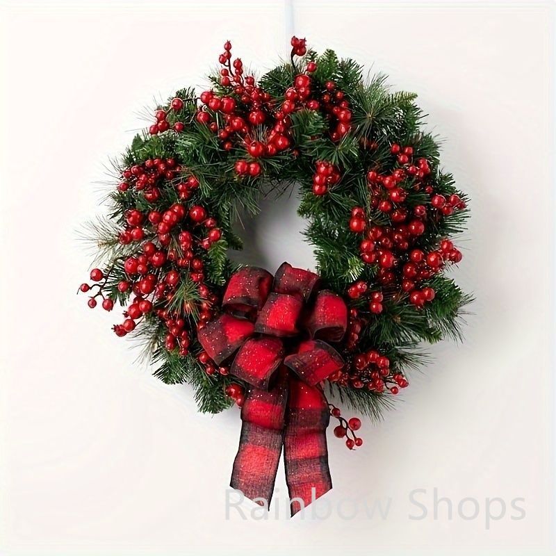 リース 1pc クラシック クリスマスリース 35.05cm プラスチック ウォール ハンギング ホリデー デコレーション ベリーとリボン付き 玄関 屋外 屋内 パーティー ホーム デコレーション フェザーなし ゴージャス グリーン レッドcp223