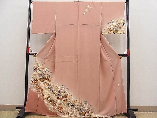 平和屋-こころ店■訪問着　扇面花文　暈し染め　銀彩　着丈168cm　裄丈67cm　正絹　逸品　A-ta5181