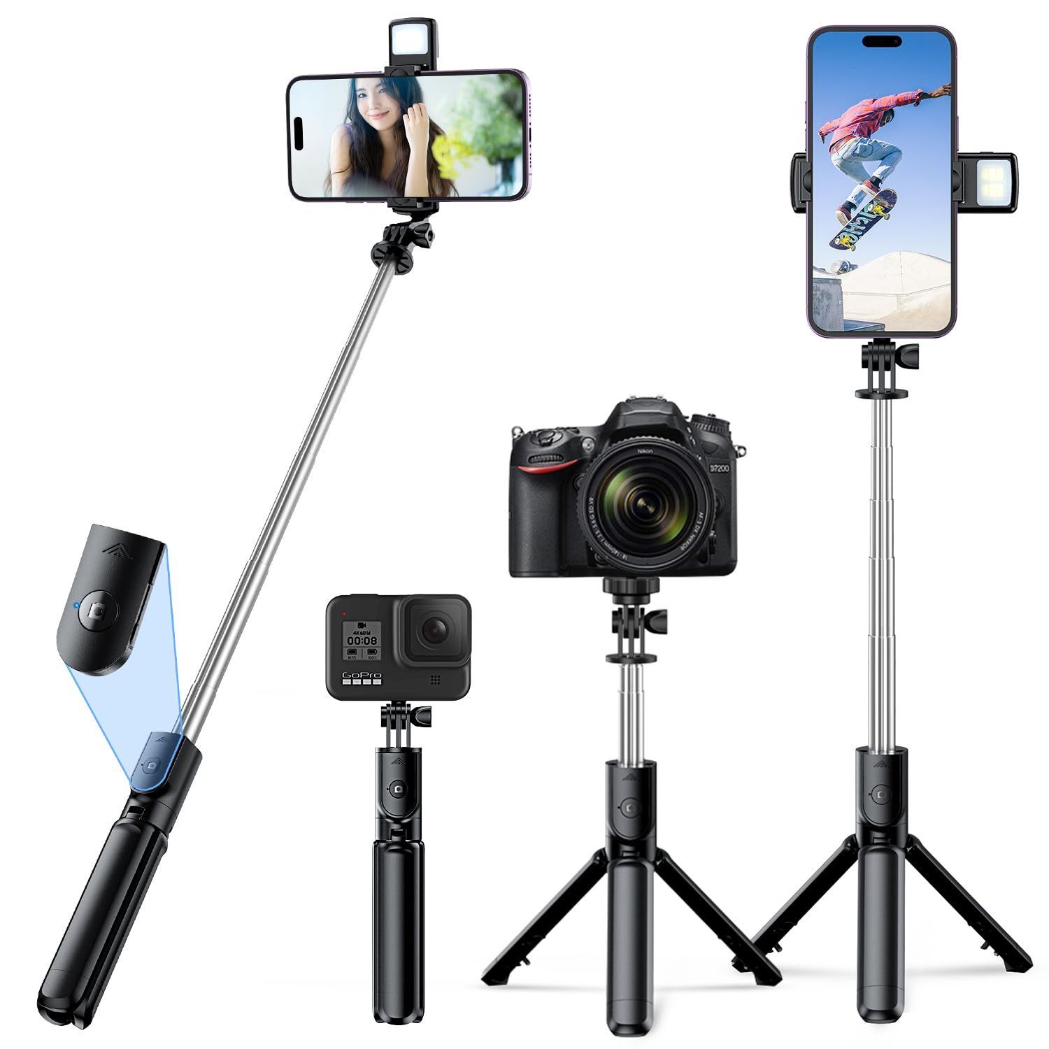 【特価セール】スマホ ５段階伸縮 デジカメ兼用 360回転 無線 Gopro 折りたたみ リモコン付き コンパクト 持ち運び便利 セルカ棒 じどり棒 Bluetooth iPhone7/8 三脚 iPhoneX iPhone11 自撮り棒 Androidu0026i