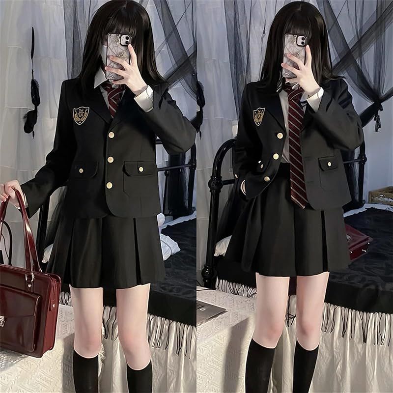 QOOLY? ブレザー 黒 女子高生 コスプレ 制服 4点セット プリーツスカート ネクタイ シャツ 学生服 女の子 高校生 コスチューム 仮装 フォーマルスーツ 女子制服 卒業式 入学式 学園祭 文化祭 XL 0
