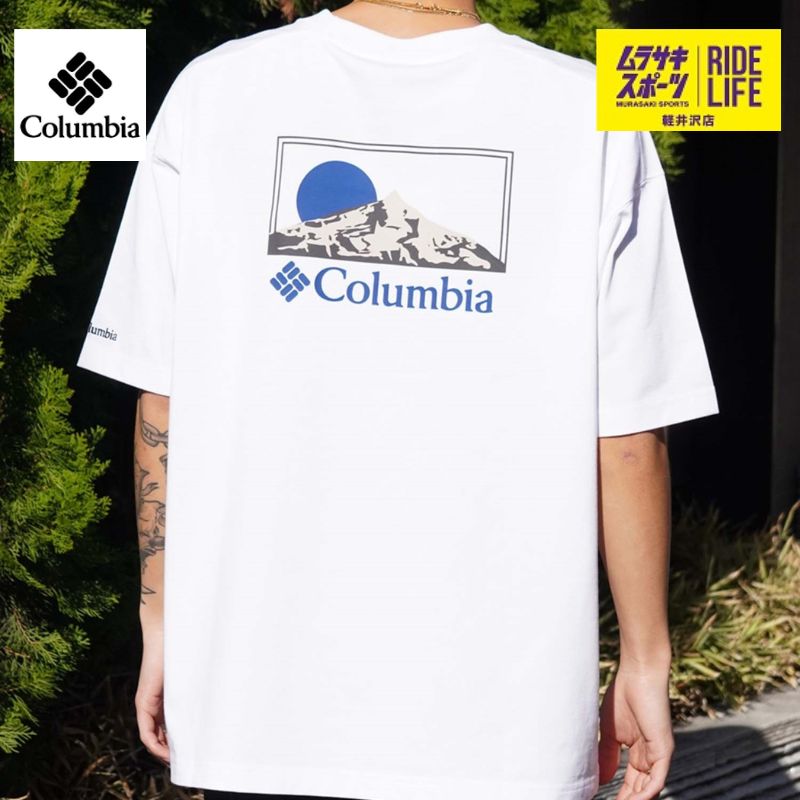 【ムラスポ公式】COLUMBIA コロンビア ムラサキスポーツ限定 Tシャツ UV生地でゆったりシルエット ホワイト/ブルー PM0941