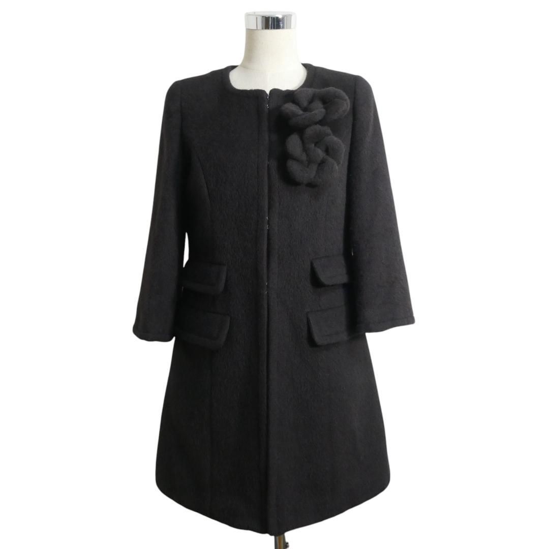 美品 Rene ルネ サイズ36 裏地チェック柄 コサージュ 七分袖 ロング