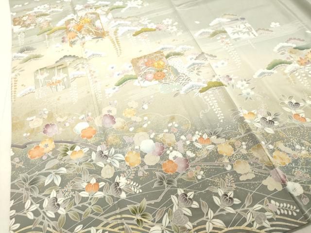 平和屋着物●豪華色留袖　駒刺繍　色紙草花松文　暈し染め　金銀彩　正絹　逸品　DAAV1125tw 平和屋着物○豪華色留袖 駒刺繍 色紙草花松文 暈し染め 金銀彩 正絹