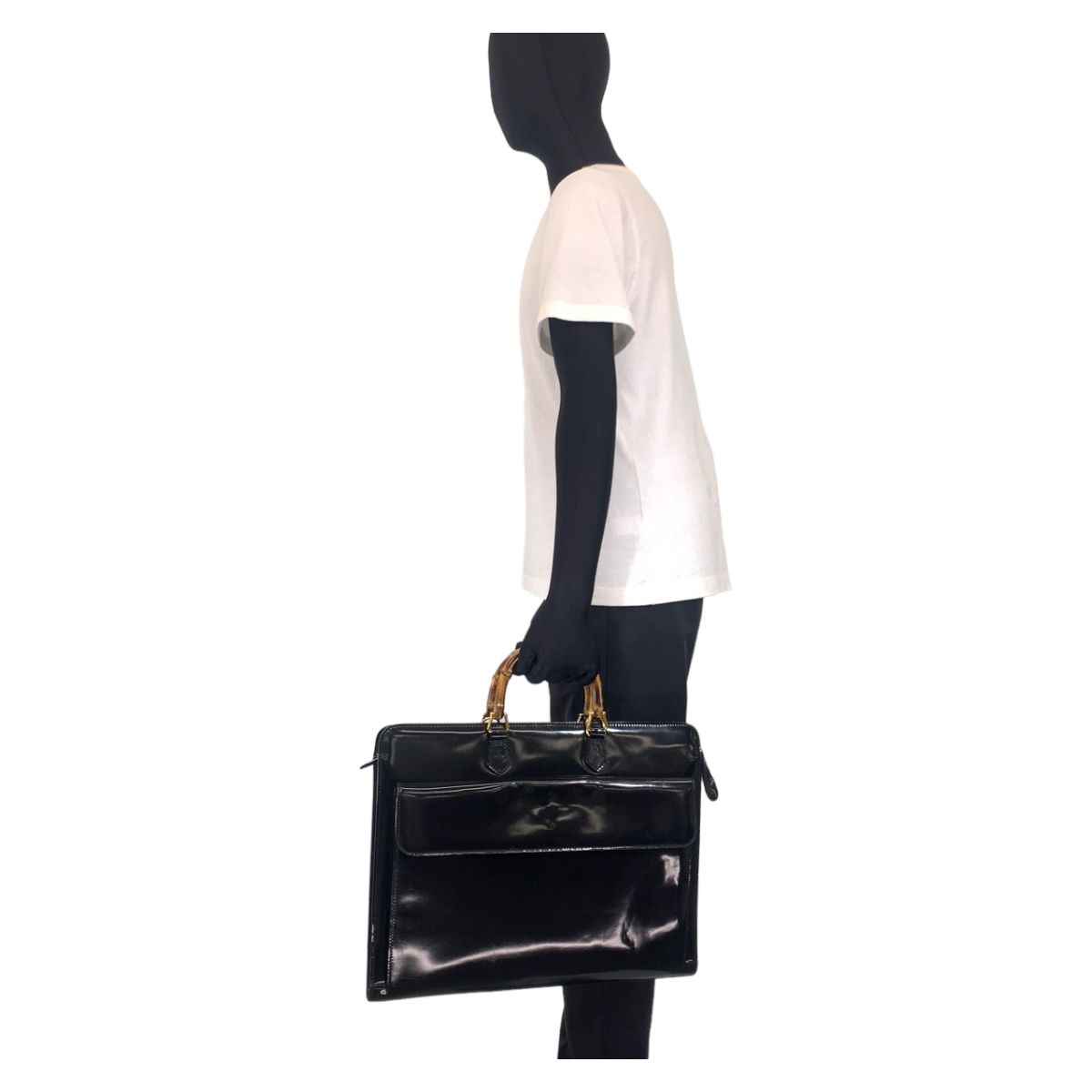 美品 GUCCI グッチ バンブー ブラック 黒 ゴールド金具 パテントレザー 