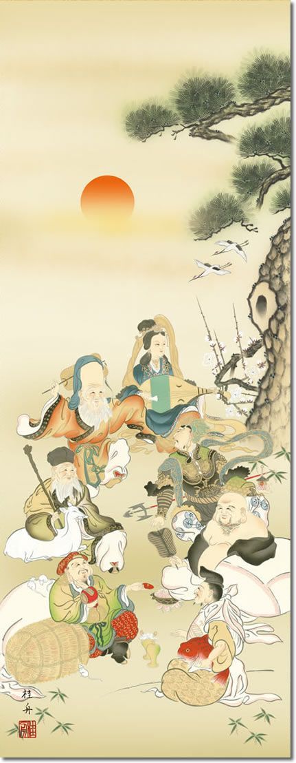掛け軸 七福神掛軸-七福神/長江桂舟(尺三)和室 縁起の良いKZ1MD1