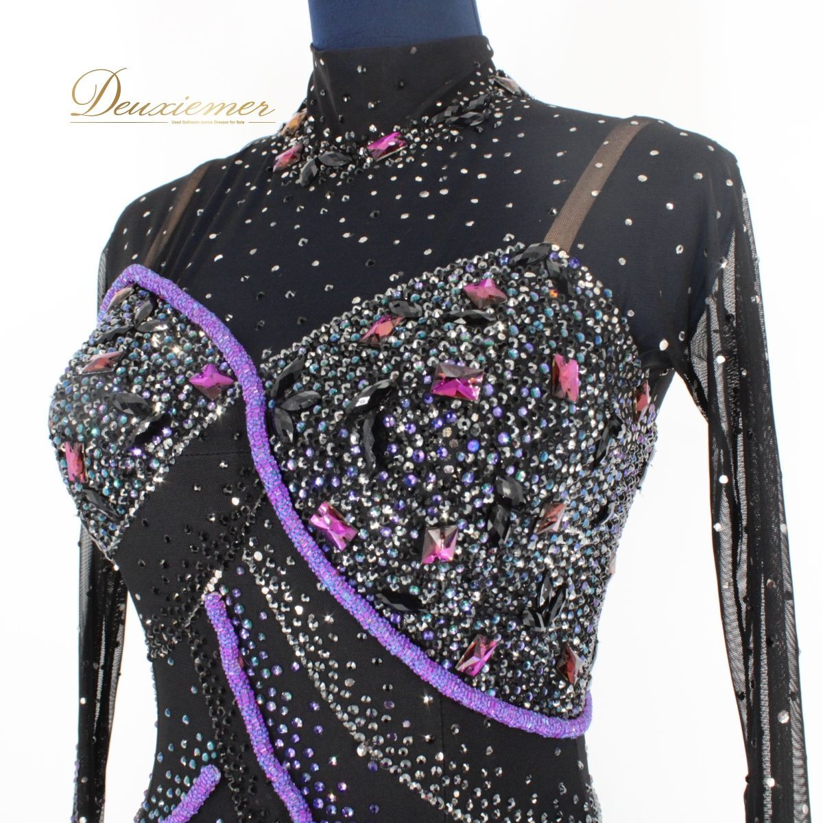 【美品 日本製 社交ダンス衣装】ブラック ワンピース ドレス 黒 ピンク 花柄 社交ダンス 衣装 ジャンティ スタンダード スタンダードドレス