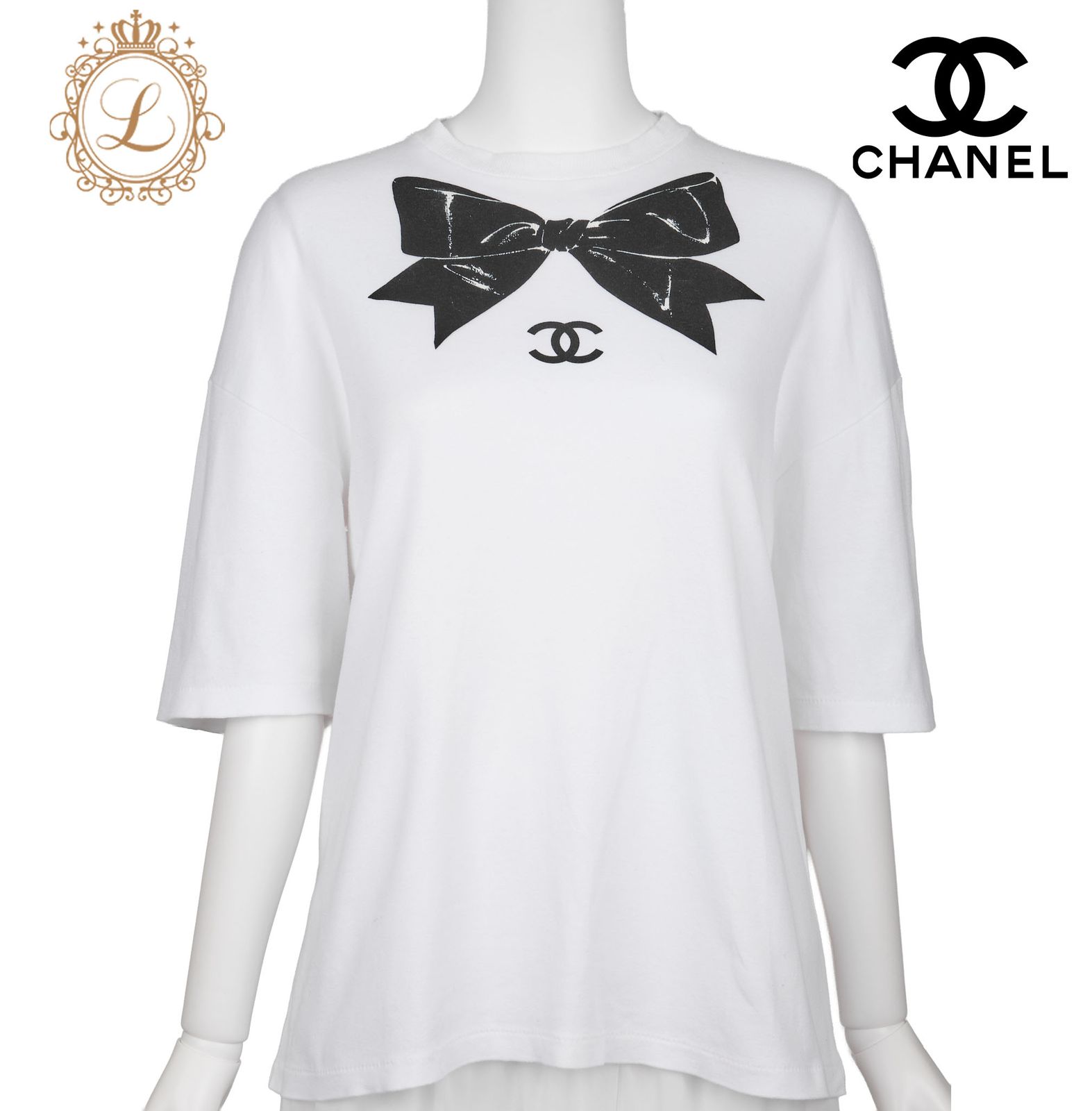 返品可】CHANEL シャネル ココマーク リボン Tシャツ サイズL 白