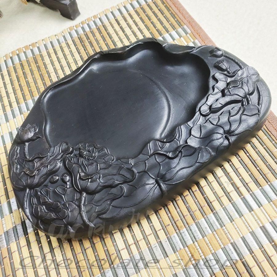 新しい未使用 書道 硯 「澄泥すずりハス」 ハスの葉彫刻 書道