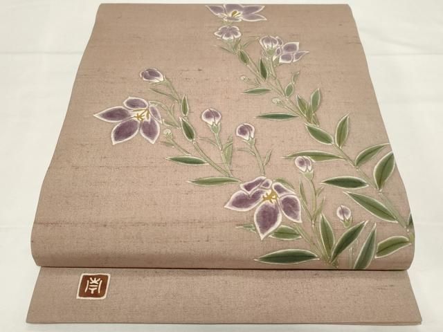 平和屋着物●九寸開き名古屋帯 作家物 手描き 紬地 草花文 正絹 CAAZ6404dy