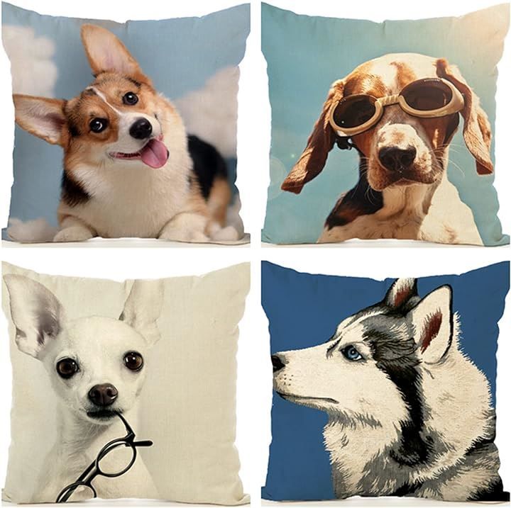 Qorfran クッションカバー 犬 4枚セット 45x45cm モダンクッション 動物柄 リネン製 2( （2），  45x45)