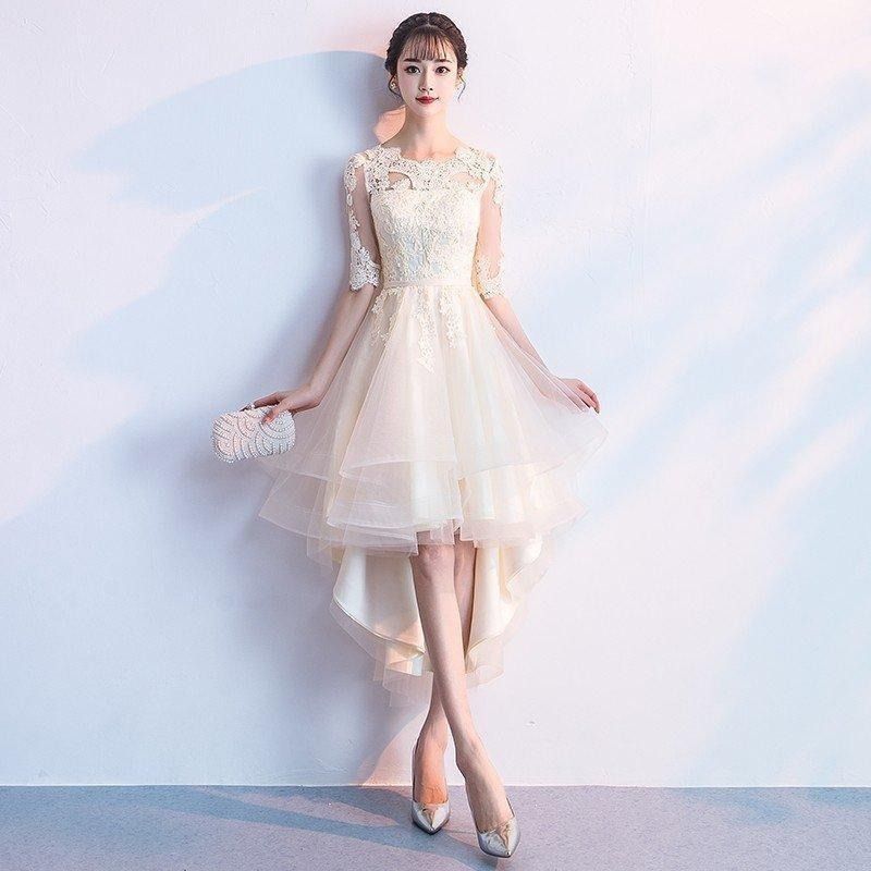 ミニ 安い 半袖 花嫁 ウエディング ワンピース 結婚式 二次会 イブニングドレス 披露宴 パーティードレス 演奏会 フォーマルドレス 前ミニ丈