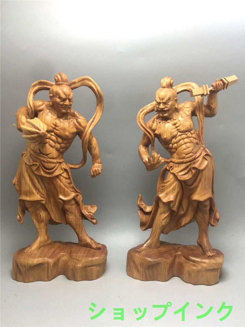 大型38cm　井波彫刻　総ケヤキ材　仏教工芸品　仏師手仕上げ品　金剛力士像一式 井波彫刻 仏教工芸品 総ケヤキ製 一刀彫 極上彫 木彫仏像 金剛