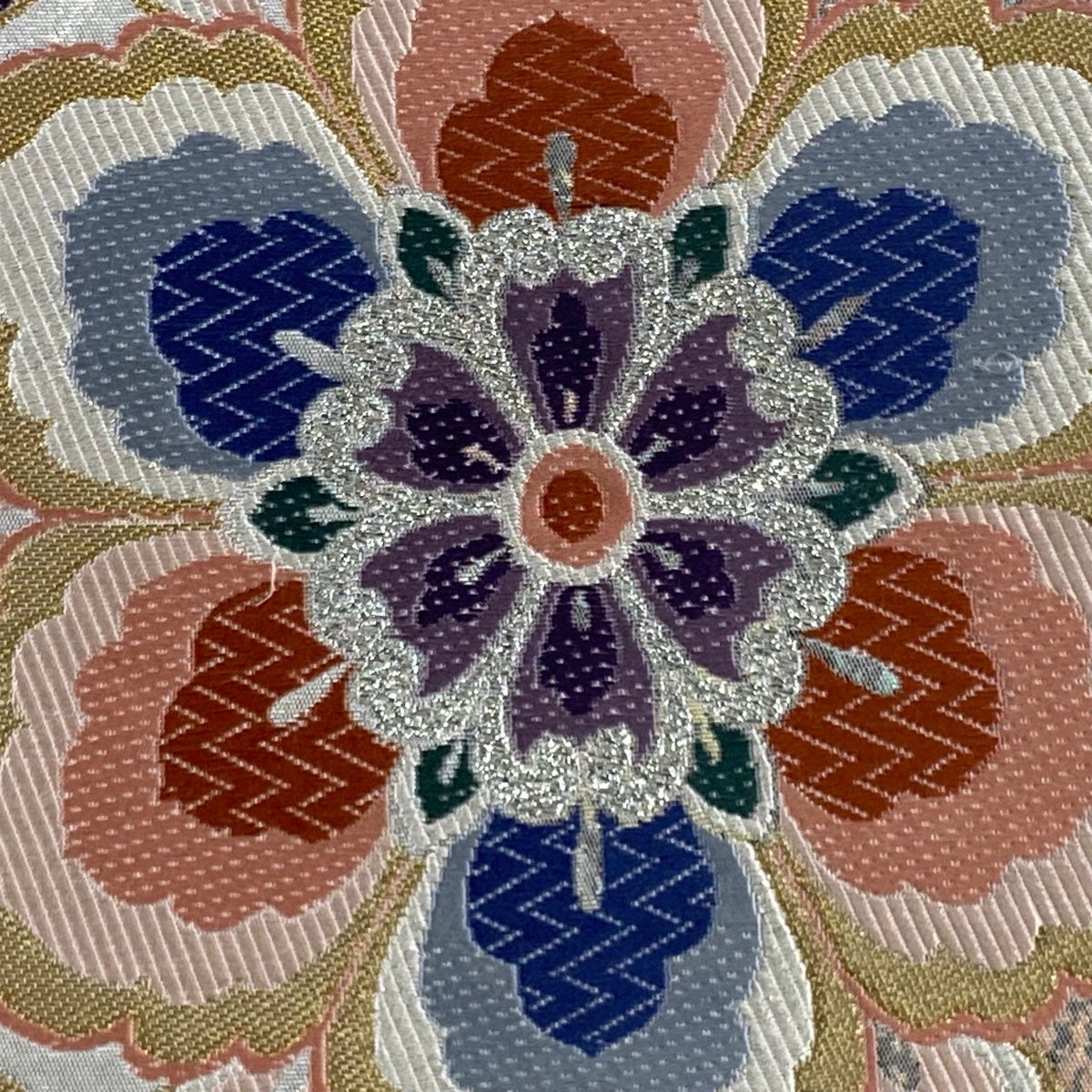 袋帯 美品 秀品 七宝 華文 唐織 箔 灰色 六通 正絹 【中古