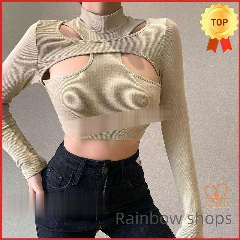 プチハイネック 長袖 タイトス 透かし彫りクロップド丈 レディース 無地 ダンス衣装 へそ出し Ｔシャツ 秋服 体型カバー インナー 新品未使用】プチハイネック 長袖 タイトトップス 透かし彫り