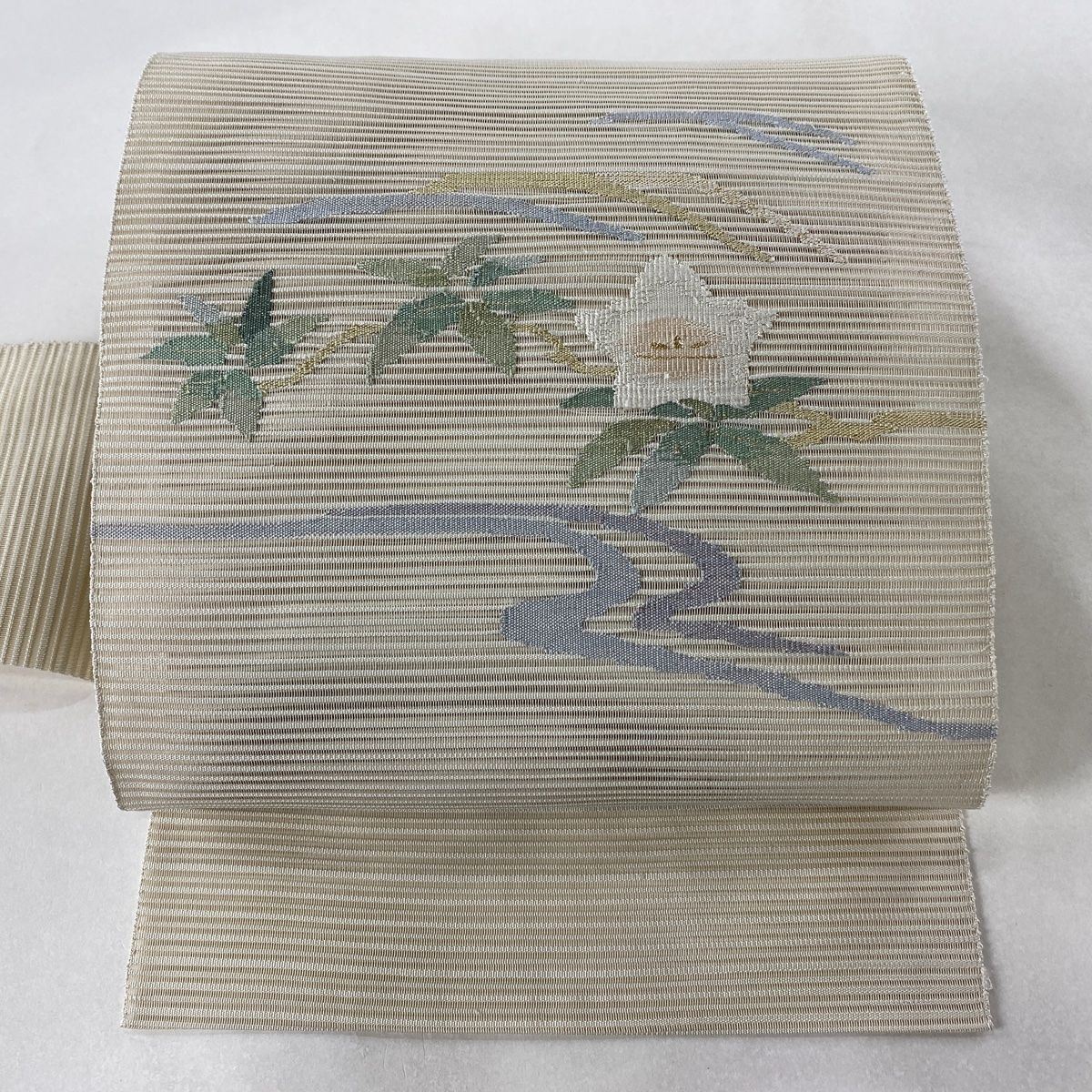 名古屋帯 美品 秀品 夏帯 絽 草花 流水 箔 ベージュ 正絹 【中古