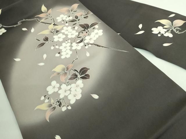 平和屋本店■極上　本加賀友禅作家　鬼島武司　塩瀬　九寸名古屋帯　濃い消炭色地　枝桜　逸品　DZAA6301kh5 平和屋本店□極上 本加賀友禅作家 鬼島武司 塩瀬 九寸名古屋帯 濃い