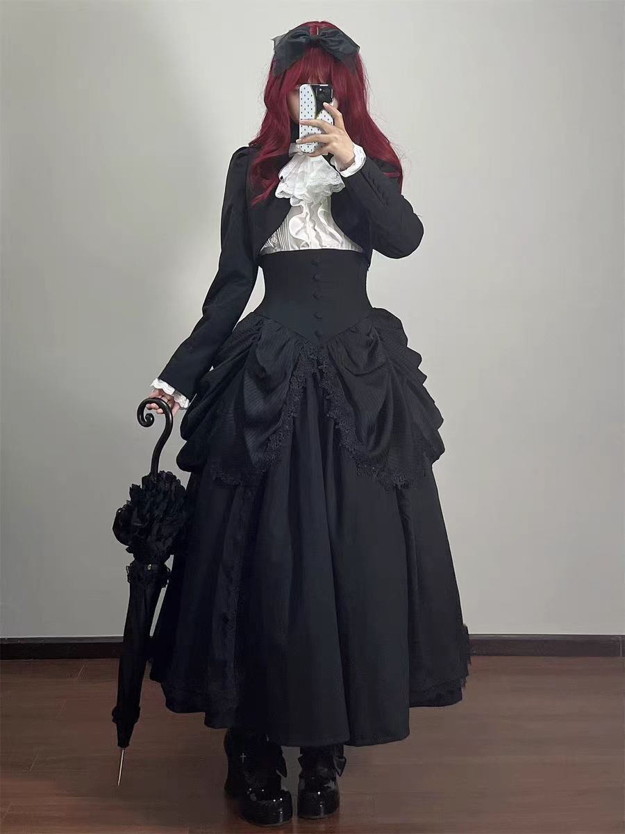 ブラックゴシック風夢遊Lolitaフィッシュボーン半身スカート姫袖セット ダーク系超クールロリータドレス