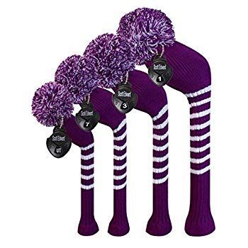 鮮やかな色ゴルフのニットヘッドカバー 、4枚セット 、ドライバー、フェアウェイウッドX2とハイブリッドut (Purple Stripes) mxn26g8 鮮やかな色ゴルフのニットヘッドカバー 、4枚セット