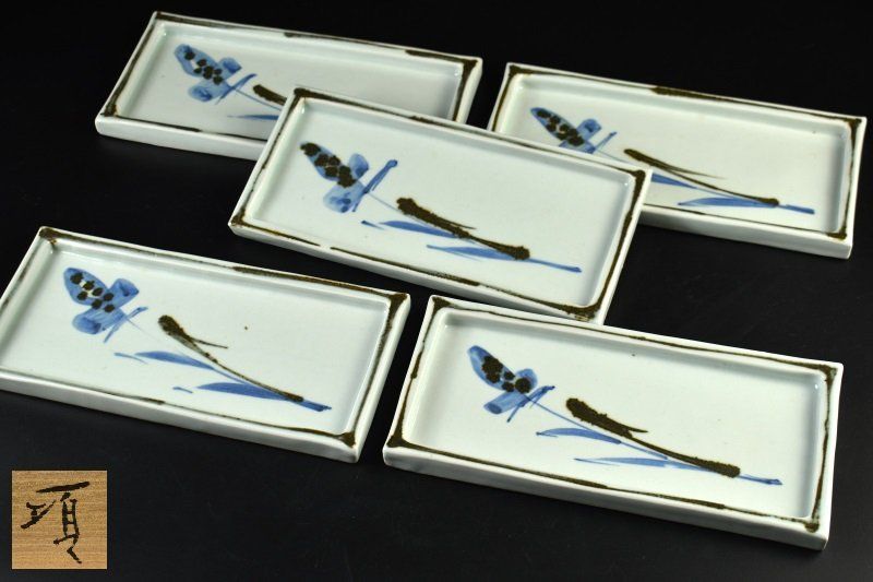 蔵A5570 瀧田項一 花文角皿 長皿 五客 共箱