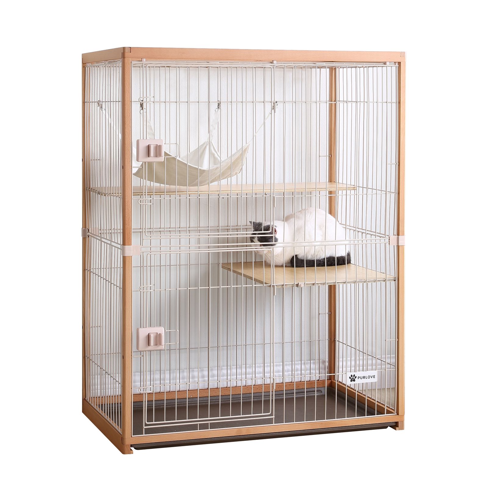 全新品 猫 ケージ キャットケージ 2段 木製フレーム ハンモック付 広々 
