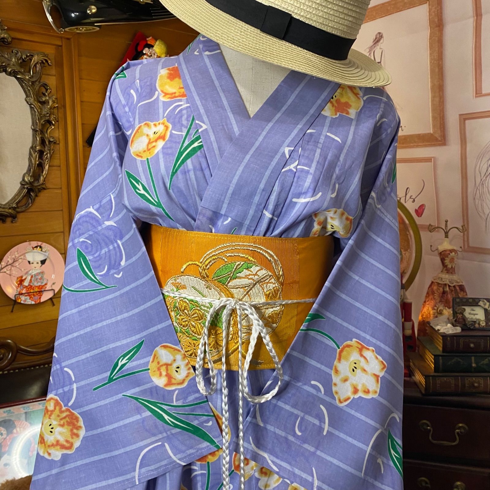 和洋折衷 浴衣 リメイク ワンピース ドレス 名古屋帯サッシュ