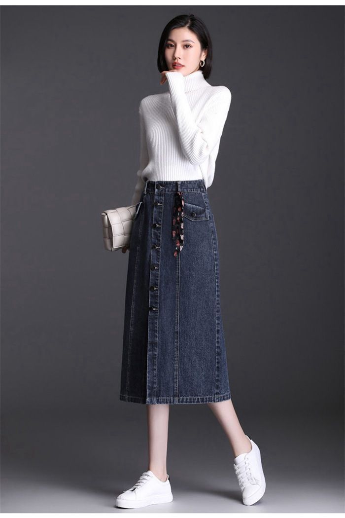 デニムスカート タイトスカート ロングスカート デニム レディース スカート マキシ丈 ロング タイト コットンデニム ストレッチ ハイウエスト ウエストゴム 体型カバー 着痩せ 無地 スリット入り TFdK831 SIROKUMA-CORPORATION_COM