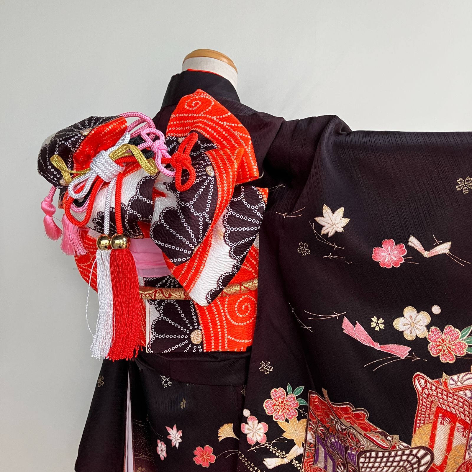  七五三 7歳女の子 着物 四つ身 茶褐色 半襦袢 作り帯セット 帯揚げ帯締め付き ビンテージ きもの猫田 T 352 着物 着物ドレス 着物 浴衣 和小物