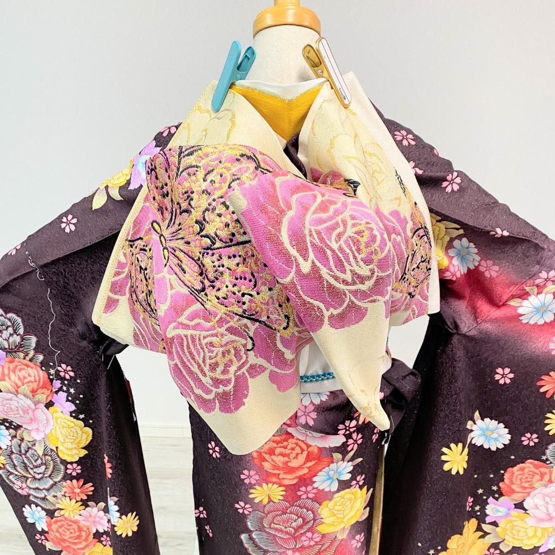 新品・一式セット】振袖 未使用 ブラウン グラデーション バラ 成人式 