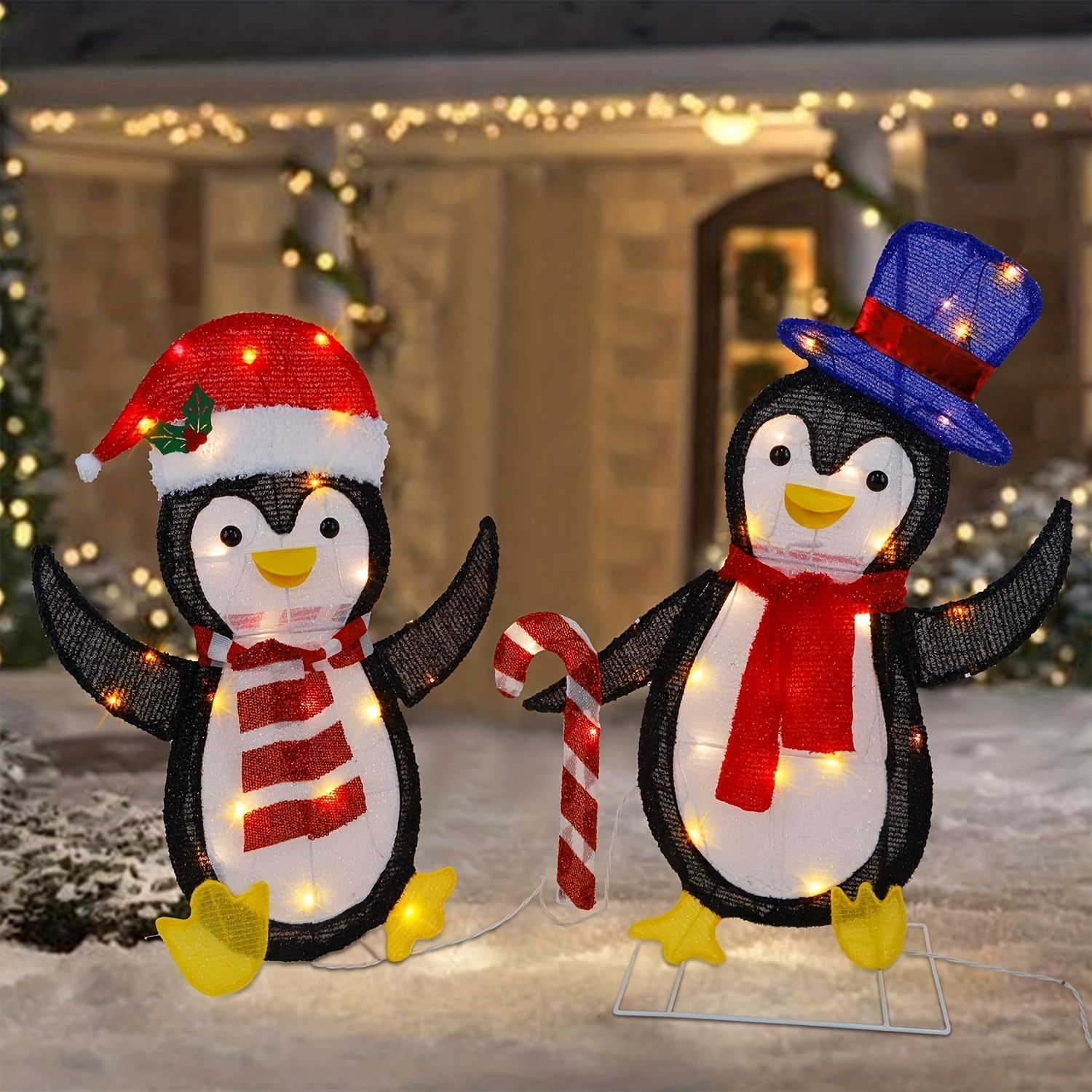 クリスマス LEDライト ガーデンライト ガーデンオーナメント 2個セット 帽子を被っている2羽のペンギン ぺんぎん 庭オブジェ 癒しグッズ ガーデニング お庭 玄関ライト 園芸装飾 インテリア オシャレ ギフト プレゼント 贈り物 庭装飾 電池式