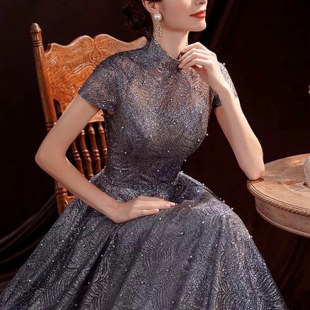 パール付き 煌びやかな生地が美しい 半袖のイブニングドレス - メルカリ