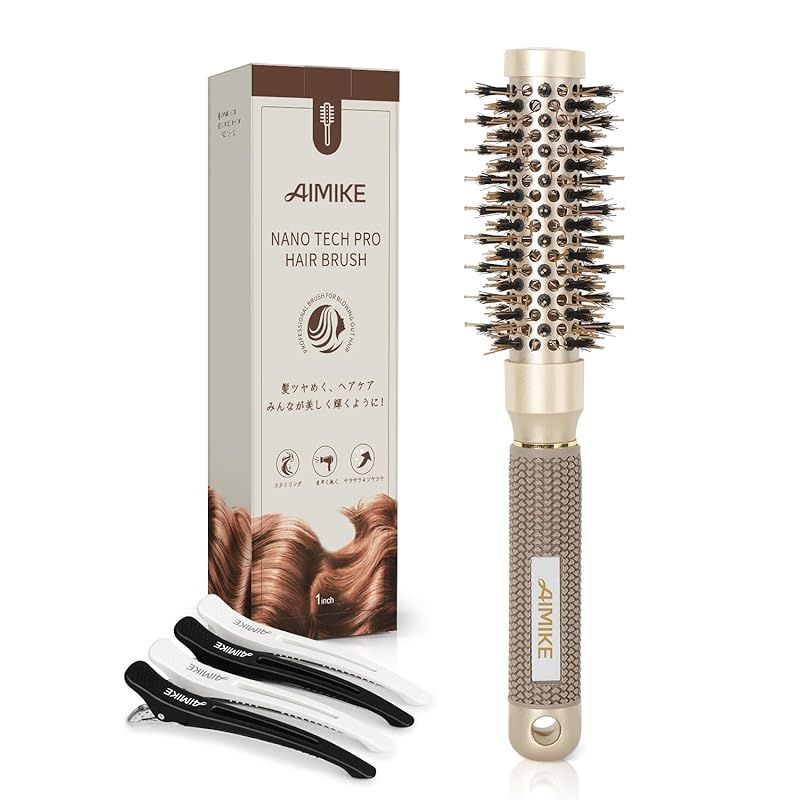 AIMIKE スモール ロールブラシ ブロー時間短縮 カールブラシ ストレート&カール用 ヘアブラシ ナノセラミックイオン技術 ラウンドブラシ 前髪用 ボブヘア ロールカールブラシ 豚毛＋ナイロン ラウンドヘアブラシ 耐熱 縮れを減らす サラツヤ(バレル直 0