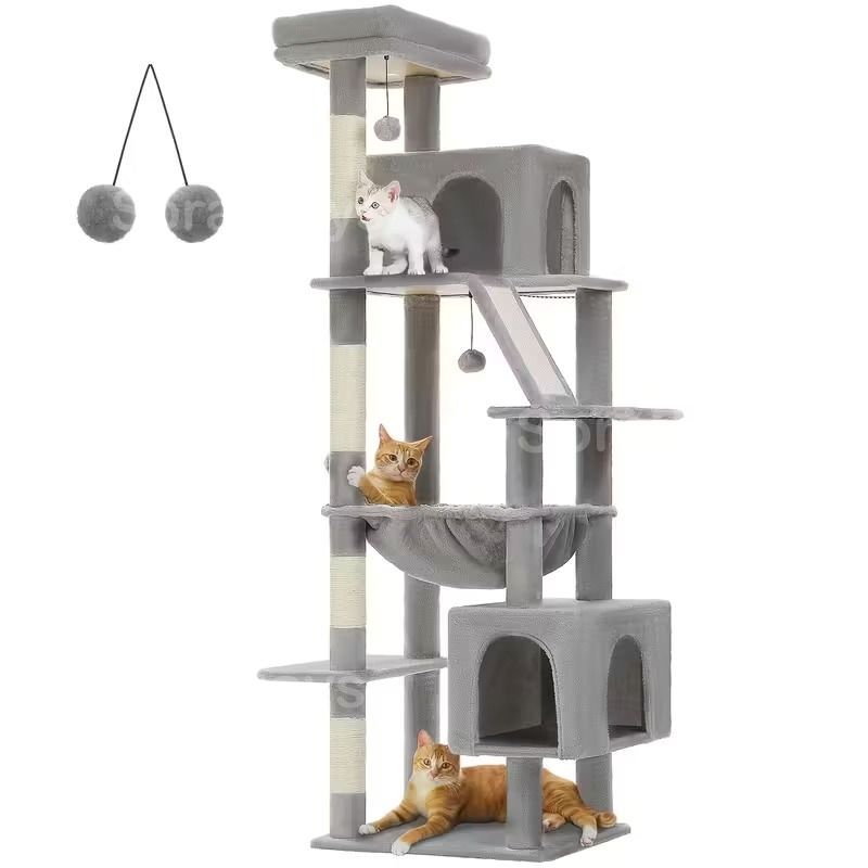 キャットタワー 猫タワー 大型猫用 据え置き 多頭飼い シンプル おしゃれ インテリア 北欧 ハンモック付き 展望台 ベッド 隠れ家 爪とぎ ポンポンおもちゃ 運動不足解消 安定 スリム 省スペース グレー ベージュ 天然麻 75×45×175cm