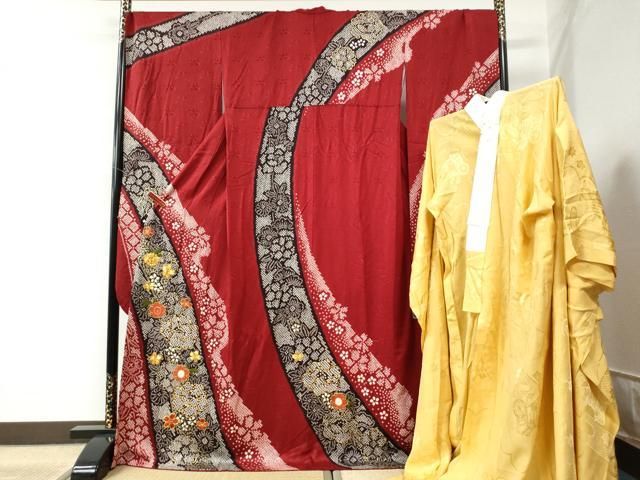 平和屋着物●豪華振袖 長襦袢セット 駒刺繍 絞り 牡丹花文 金彩 京都きもの友禅扱い 半衿刺繍 正絹 CAAW8381yc