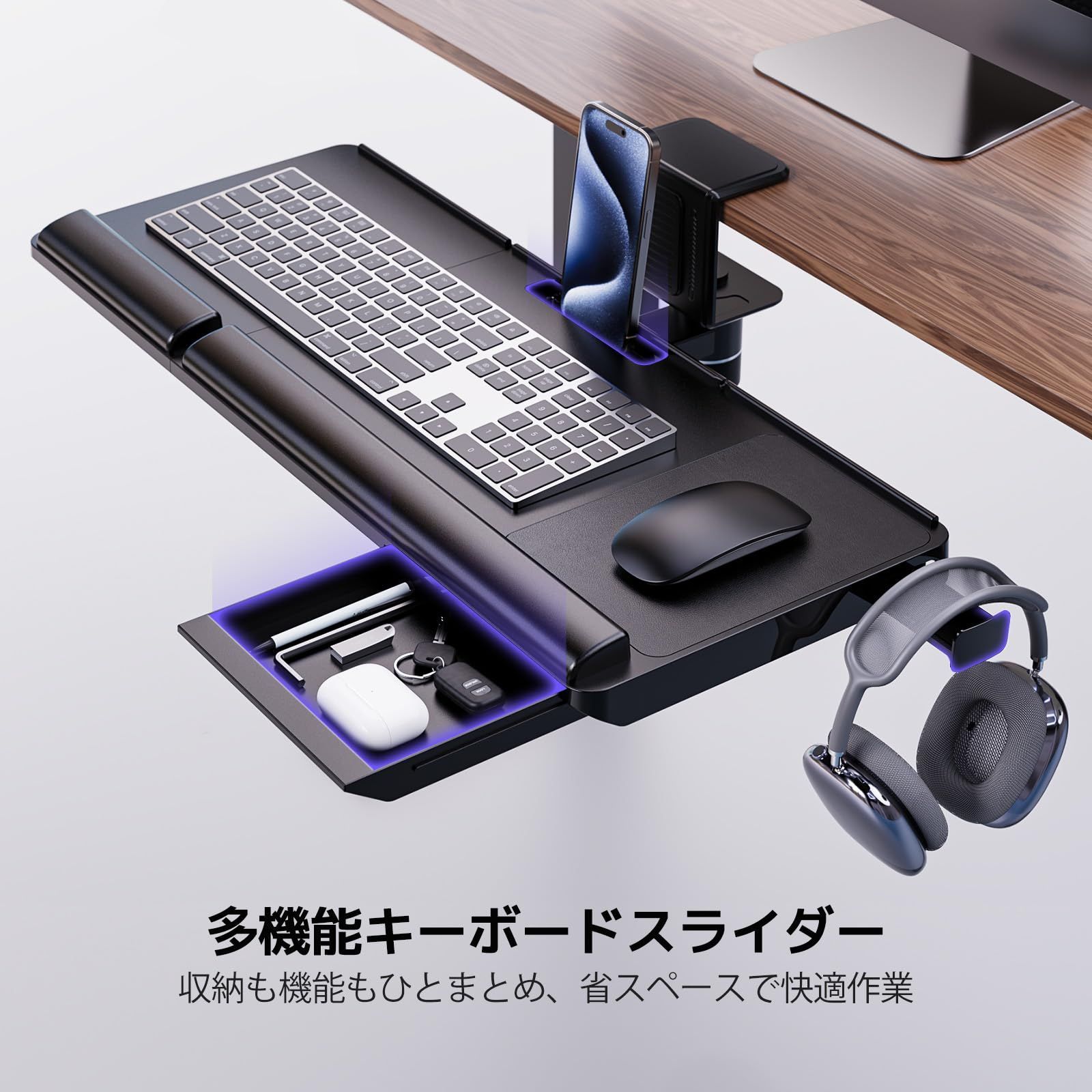 引き出し付き 工匠藤井 キーボードトレイ 机の上 机の下 360度回転 クランプ式 後付け 人間工学 角度調節 テーブル拡張 収納性抜群 取付簡単フルーキーボード対応 ヘッドホンフック キーボードスライダー マウスパッド 幅62 25.4㎝ ブラック CHRISTIANNAURATH_COM_BR