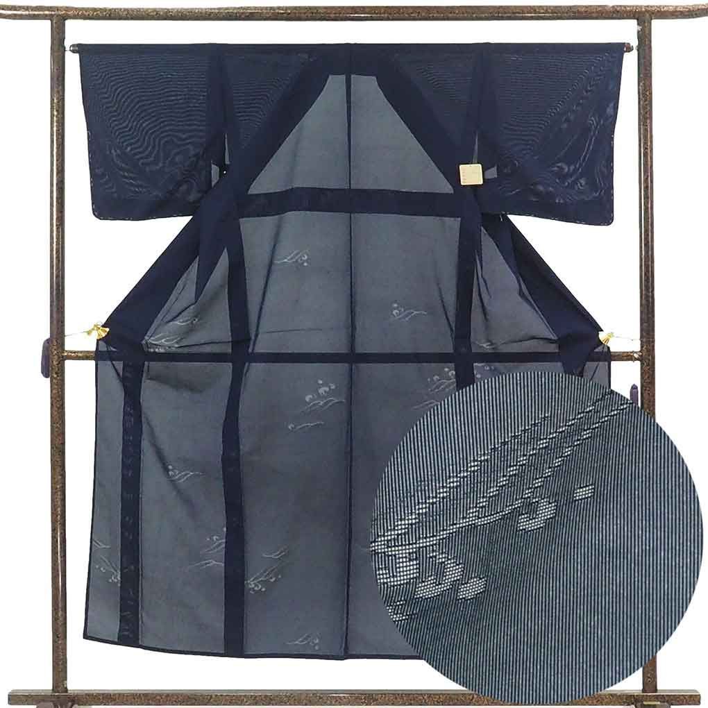 小紋 身丈153cm 裄65cm 前幅26cm 後幅31cm 袖丈45cm 袖幅33cm レディース 抽象柄 裄Mサイズ 夏用 正絹 シルク ネイビー リメイク リユース リサイクル 呉服のきくや