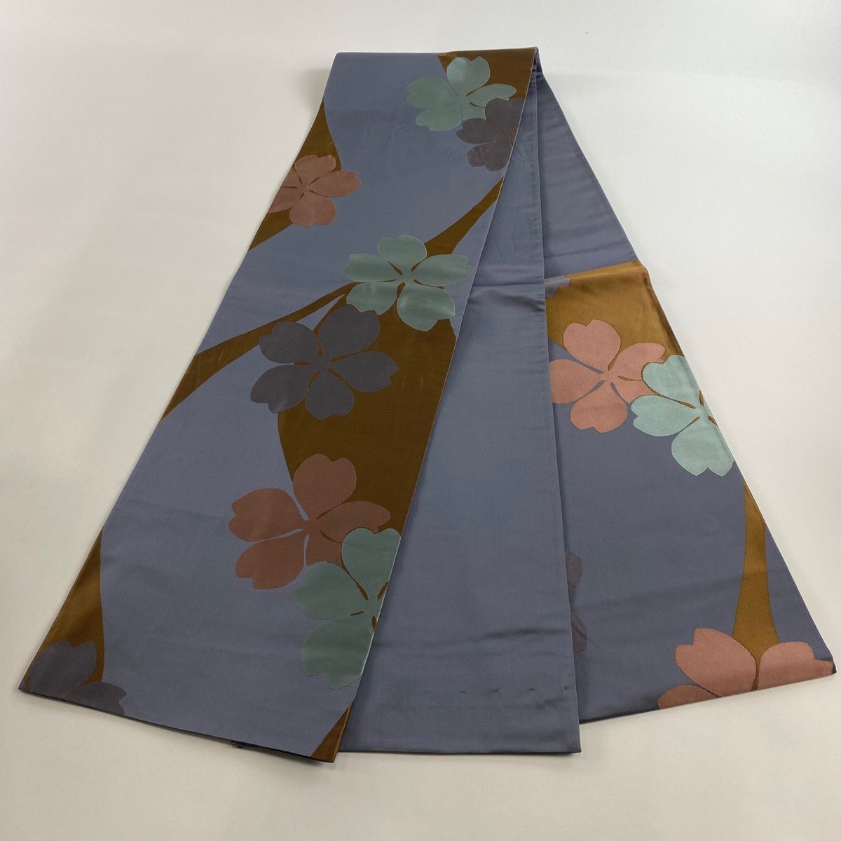 袋帯 名品 辻村ジュサブロー 落款 花 灰色 六通 正絹 【中古