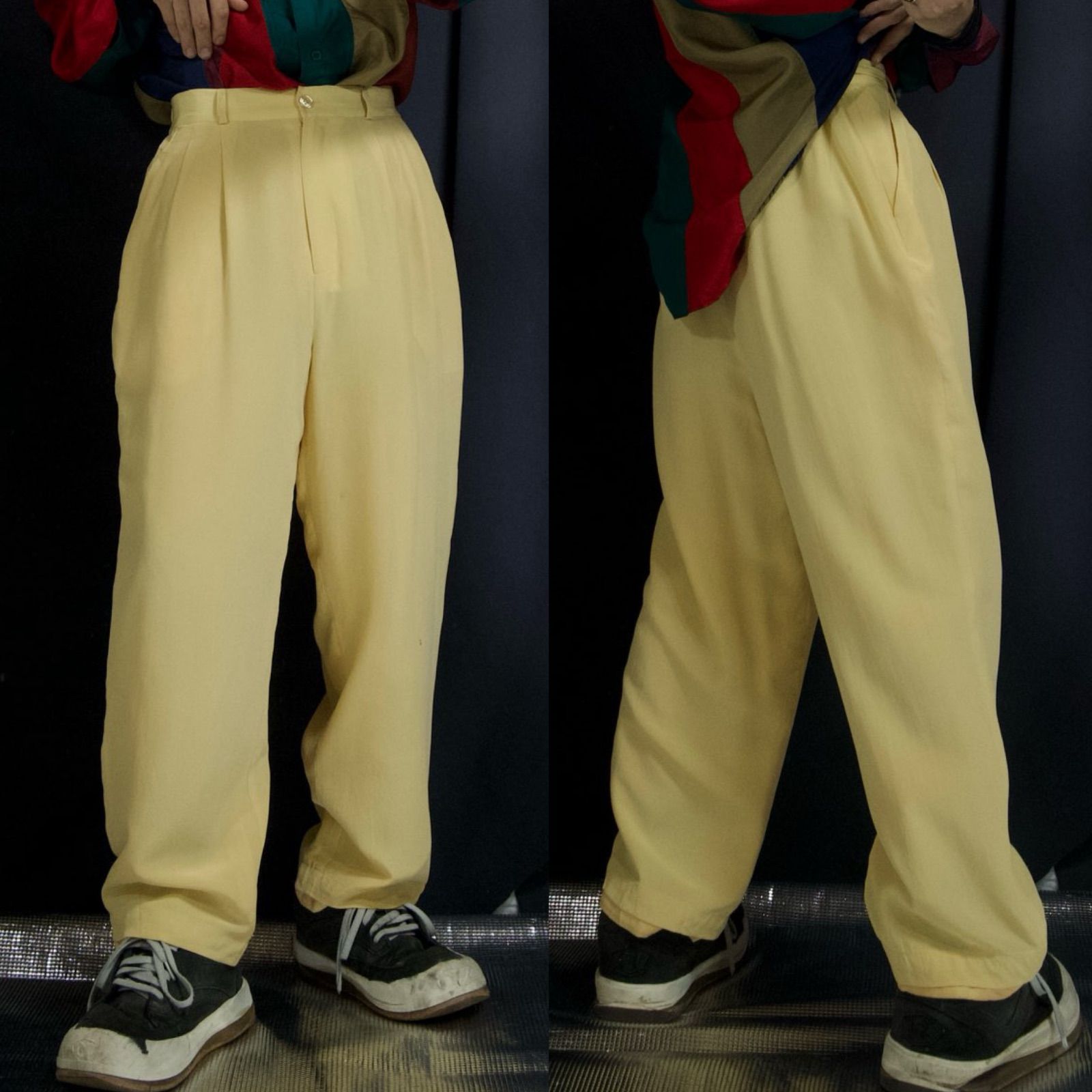 90s Bridgewater 2Tuck Silk Pale yellow Pegtop Tapered Slacks